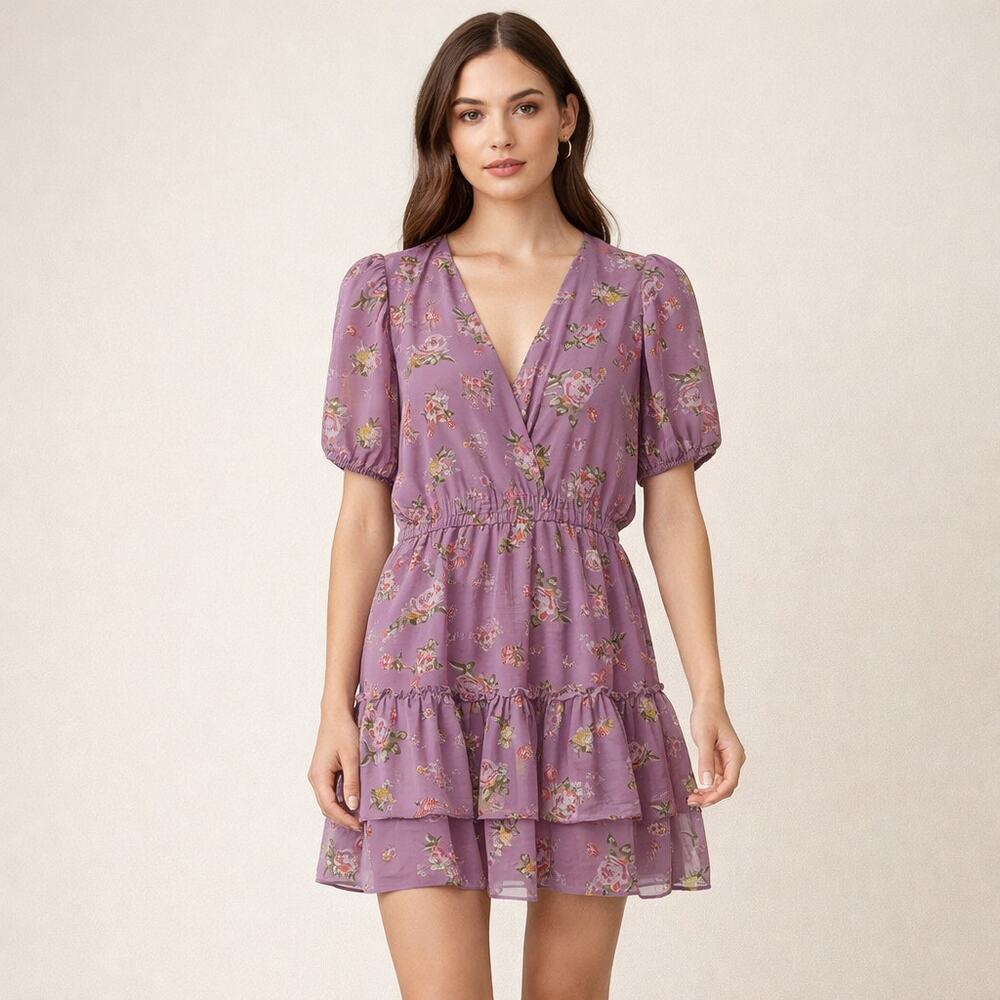 Charles Henry Purple Smocked Tiered Hem Floral Print Dress Size Medium